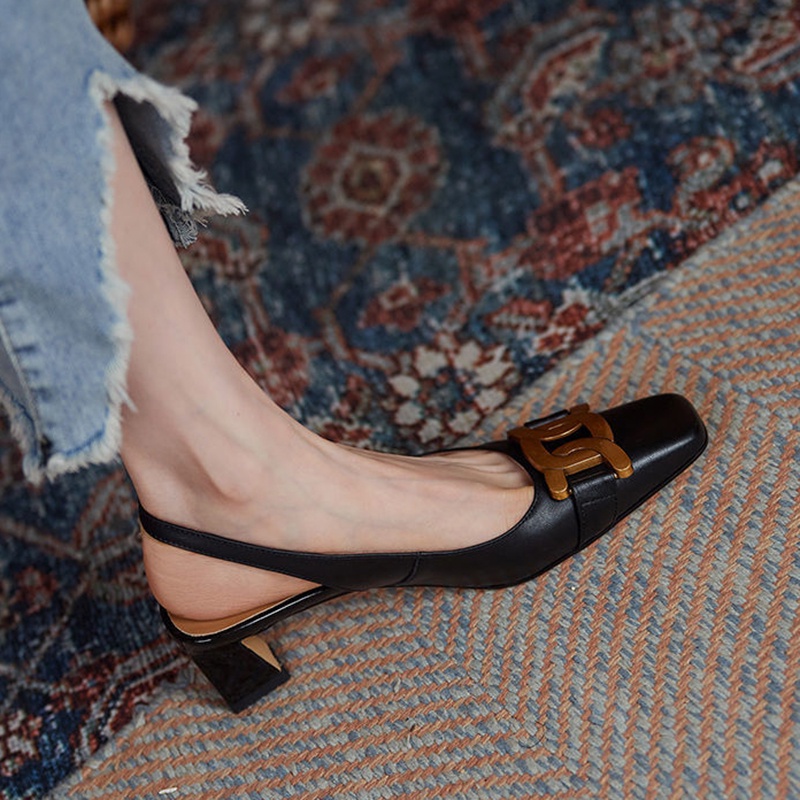 IELGY Giày sandal đế dày mũi vuông phong cách retro Pháp dành cho nữ