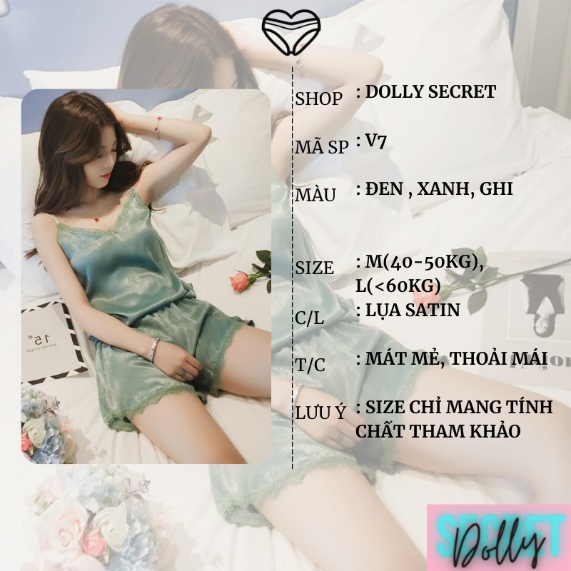 Bộ đồ ngủ lụa 2 dây mùa hè satin kim tuyến viền ren gợi cảm Hisexy LUCIA SISTERV07.