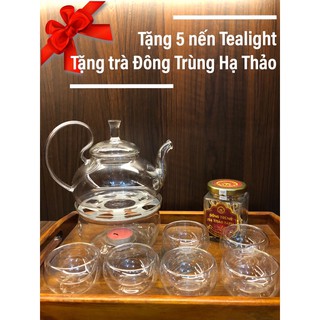 Bộ ấm trà thuỷ tinh quai vồng chịu nhiệt + 6 chén trà 2 lớp + bếp nến