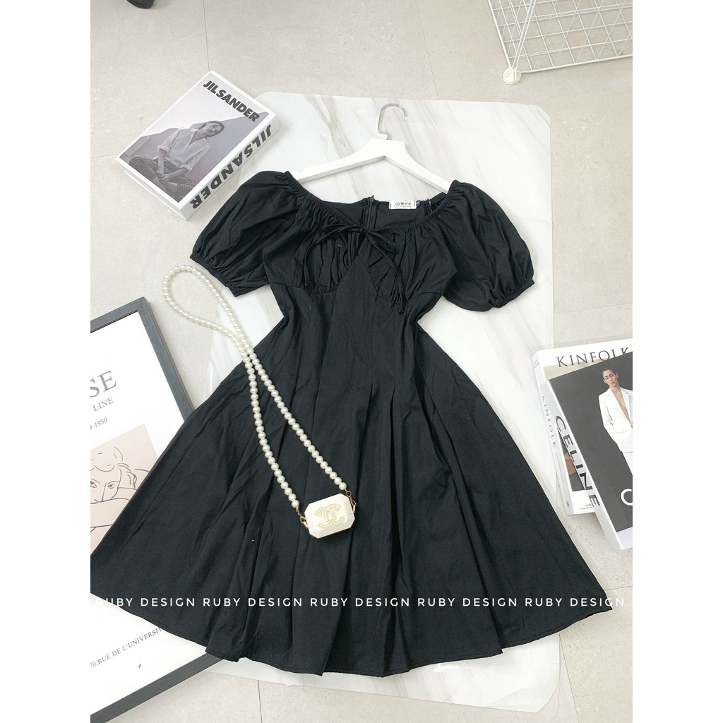 Đầm Trễ Vai Tay Ngắn Bo Chun Xếp Ly Xòe Dây Cột Ngực or002