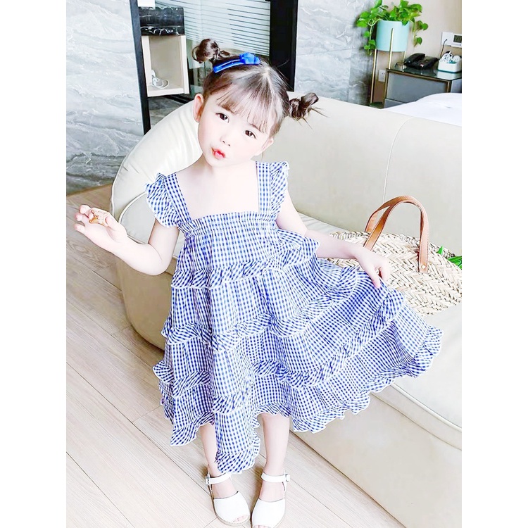 Váy 2 dây bé gái dáng xòe gắn nơ 4 tầng cho bé từ 8-22kg