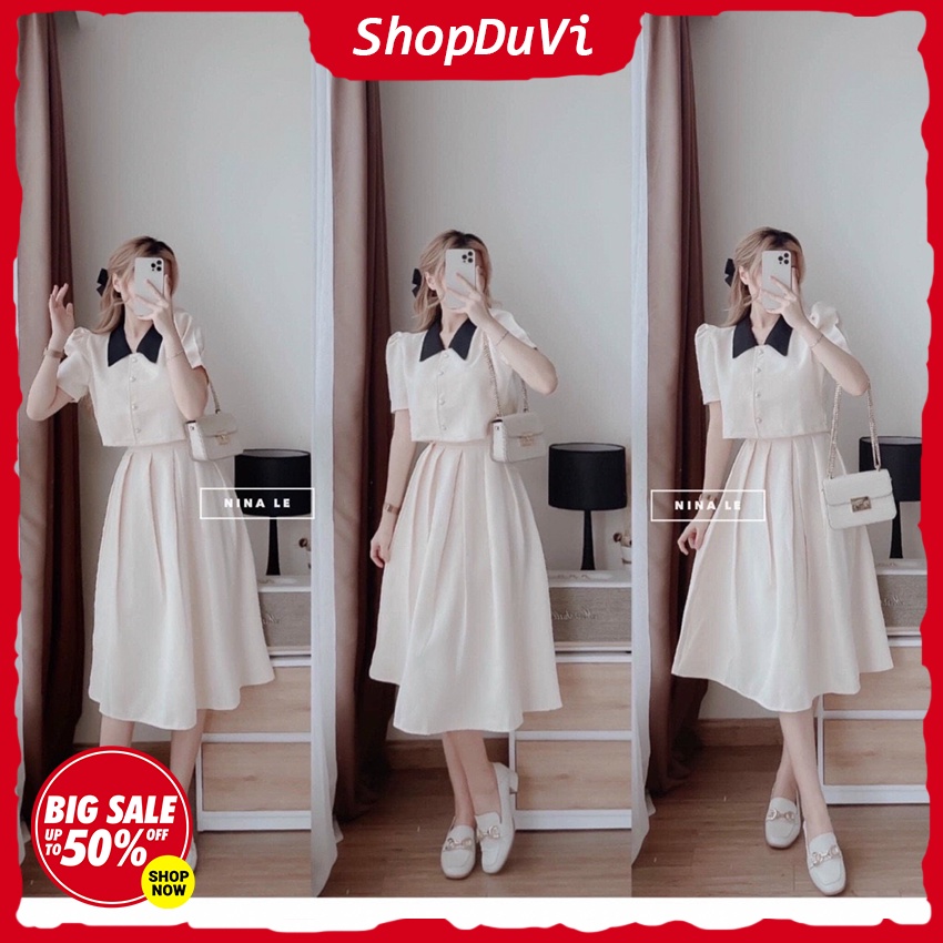 Set Tiểu Thư , Set Áo Cortop Cổ Nhọn Phối Màu Nút Ngọc Chân Váy Kiểu Xòe Công Chúa Dáng Midi