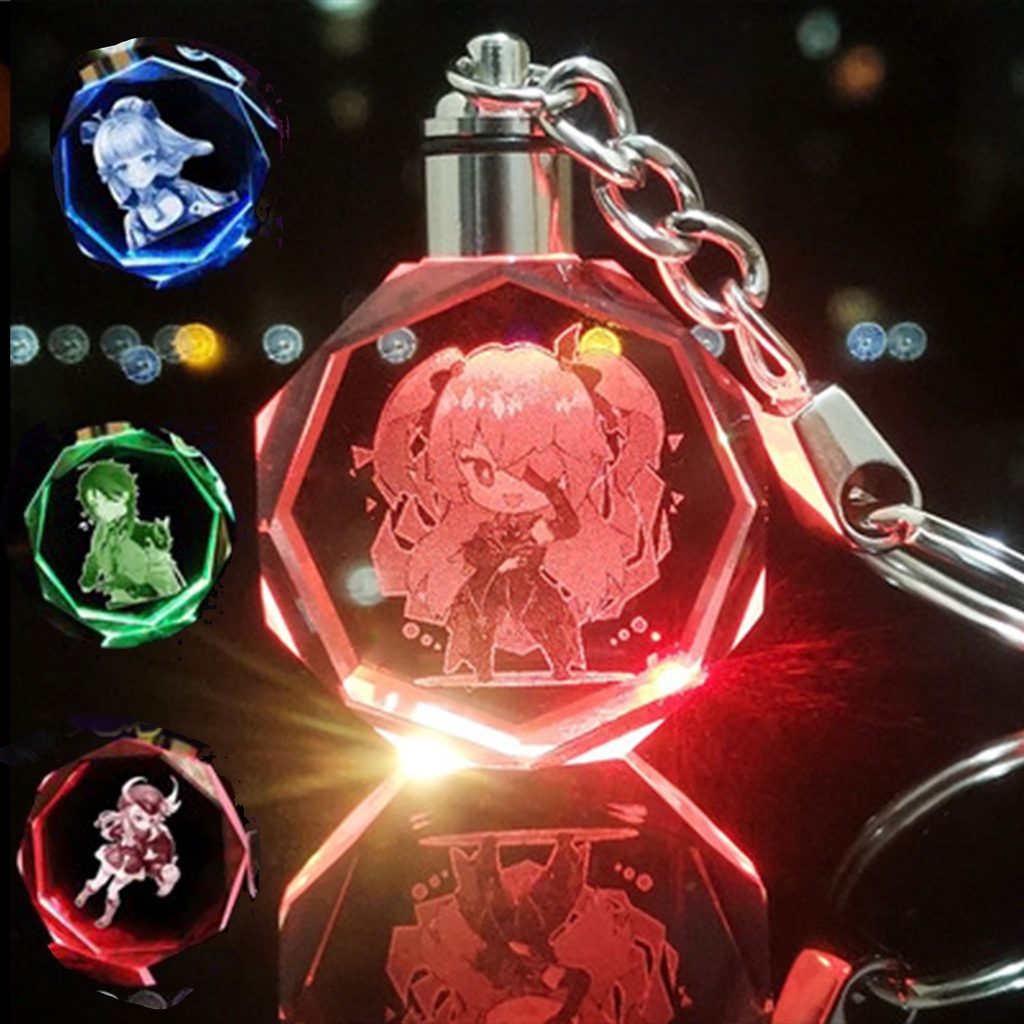 Móc khóa mặt pha lê LED hình Genshin Impact Wendy Klee Keqing QiQ có hộp quà