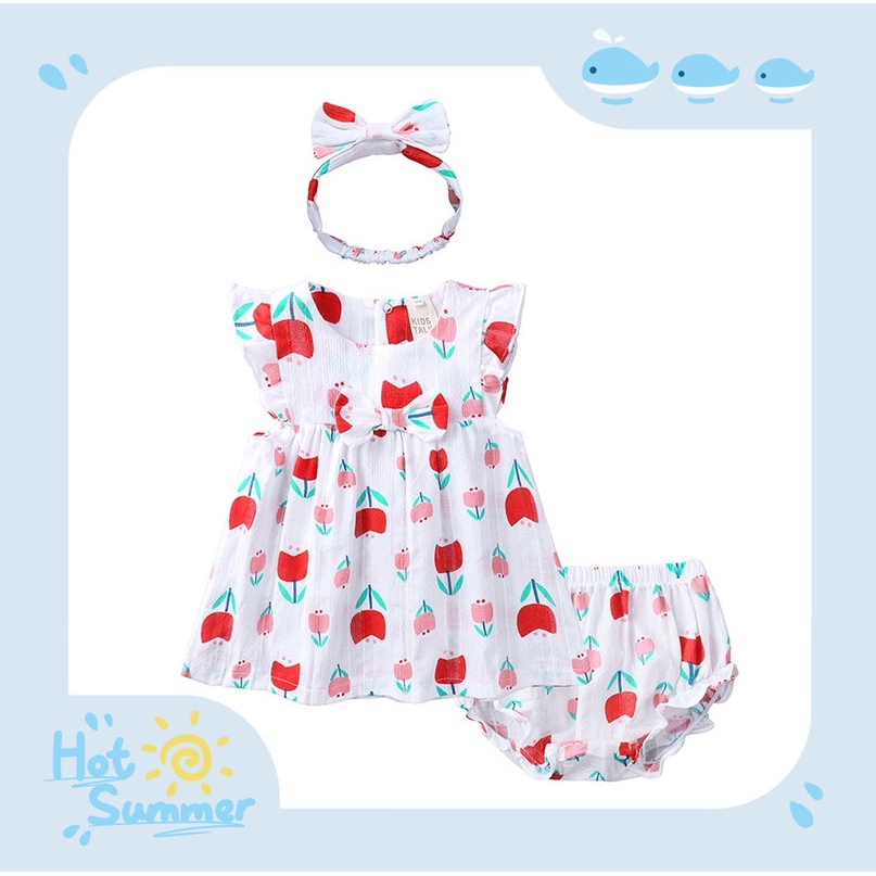 Set Đồ 3 Món Gồm Đầm Công Chúa Không Tay In Hoa + Băng Đô + Quần Thời Trang Mùa Hè Cho Bé Gái