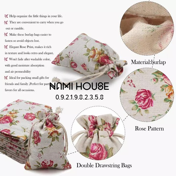 Túi vải bô mềm có dây rút họa tiết vintage nhiều mẫu dễ thương kích thước 10x14cm - namimi