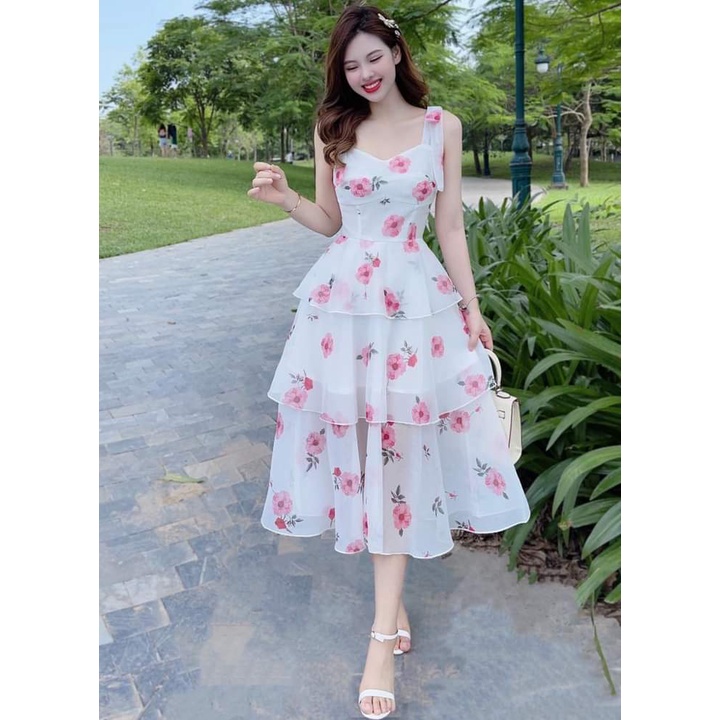 Váy hoa thiết kế voan 3 tầng TOPFASHION, đầm nữ thời trang cao cấp, phù hợp đi chơi, đi biển, du lịch