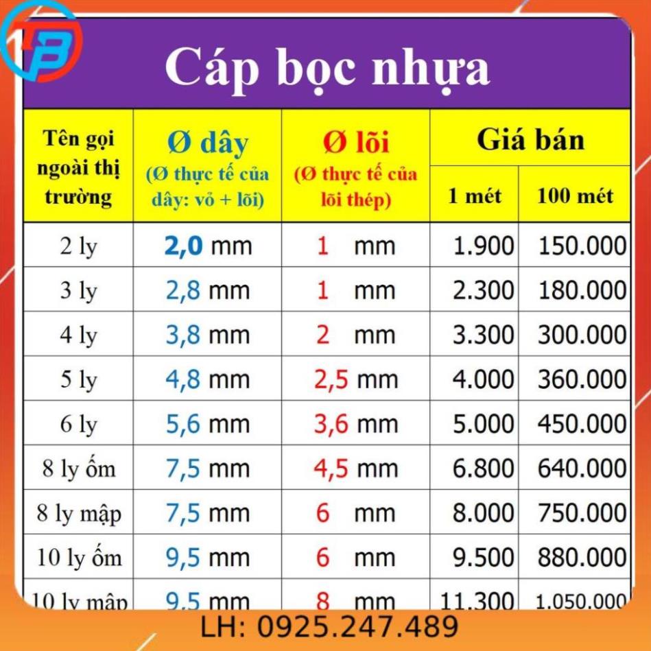 Cáp bọc nhựa (cáp thép bọc nhựa) cuộn 100 mét - Size 8 ly, 10 ly CÁP THÉP Thái Bình Vina