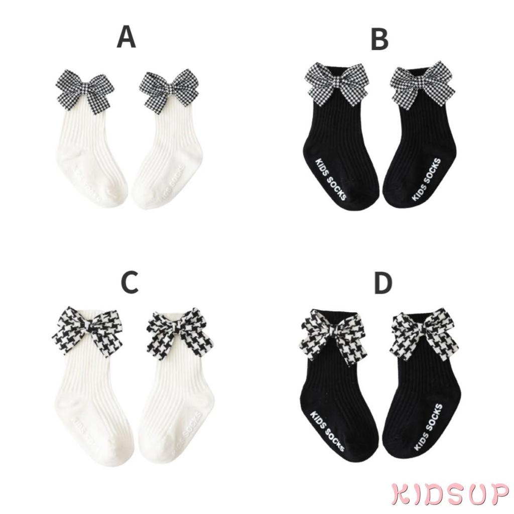KIDSUP-Little Girl’s Autumn and Winter Socks Fresh Plaid Bow Calf Length Cotton Warm Stockings 0-3 Years