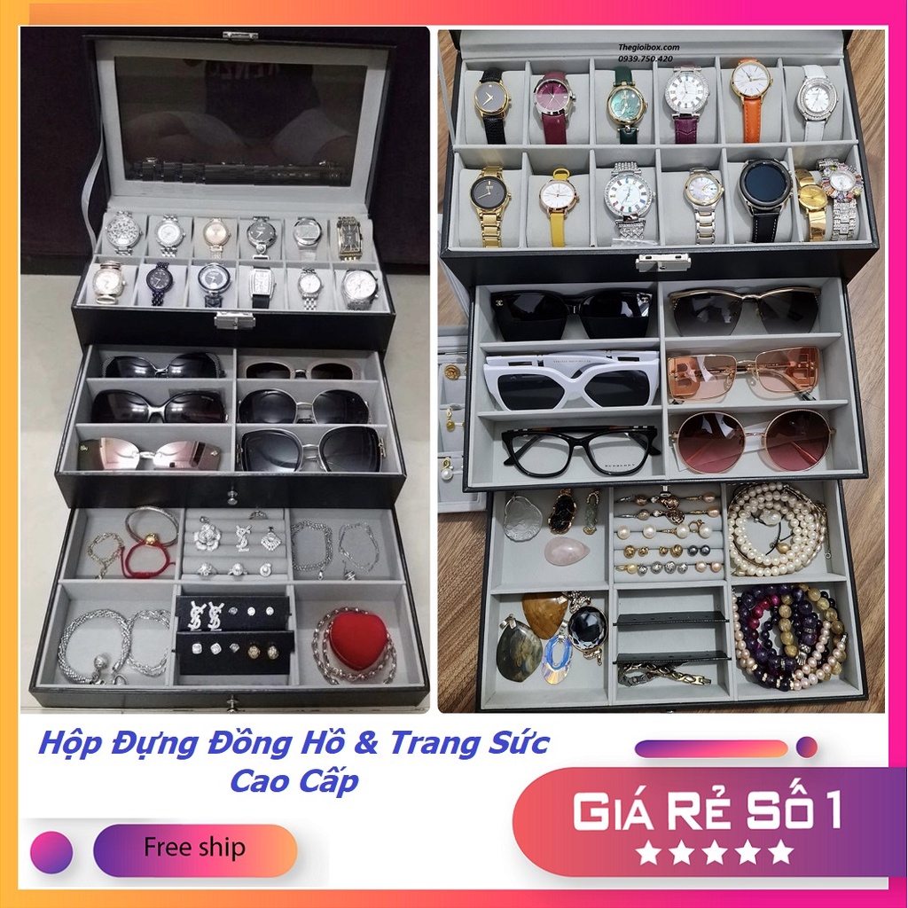 Hộp Đồng Hồ - Trang Sức - Mắt Kính 3 Tầng - Sang Trọng Cao Cấp - Có Nắp Kính Chống Bụi