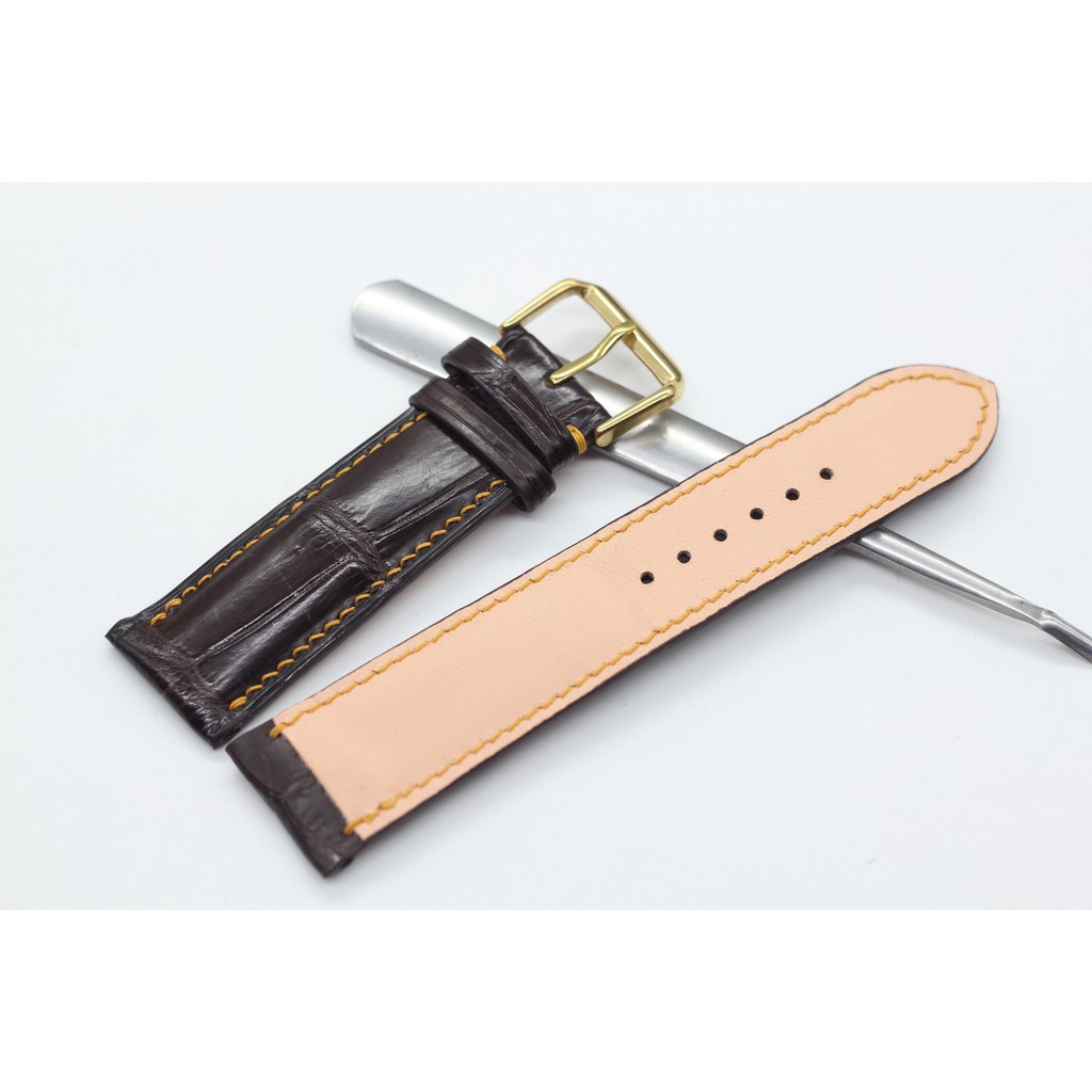 Dây Đồng Hồ Da,Dây Da Cá Sấu May Tay Kèm Khóa Kim,Nâu+Xanh Lá,BH 6 Tháng, Tặng Tool Tháo Và Chốt