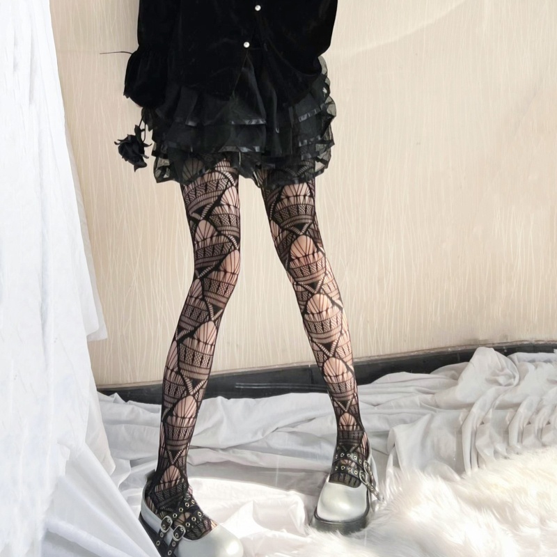 XIXI Quần Tất Lưới Họa Tiết Hình Học Phong Cách Gothic Thời Trang