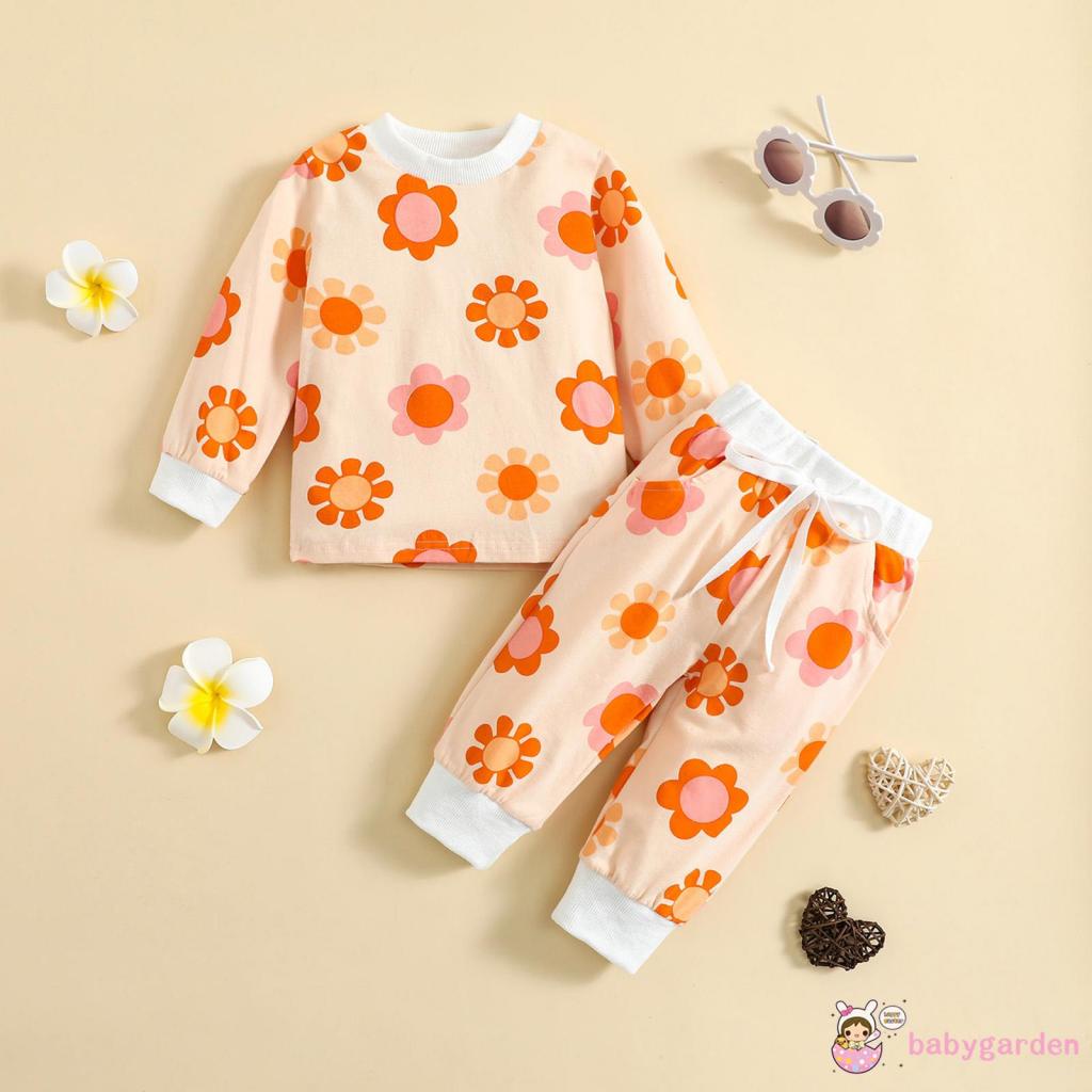 Set Áo Thun Tay Dài Cổ Tròn In Hình Cầu Vồng Phối Quần Buộc Dây Thời Trang Cho Bé Gái 6 Tháng-4 Tuổi