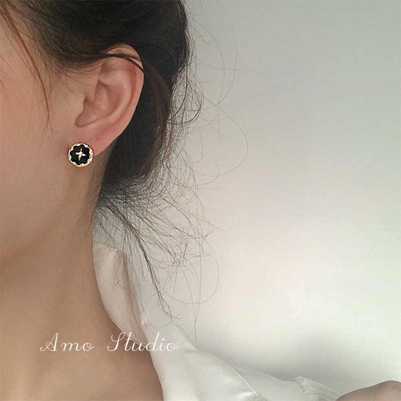 Bông Tai Tròn Màu Đen Hình Thánh Giá Phong Cách Hàn Quốc Cho Nữ