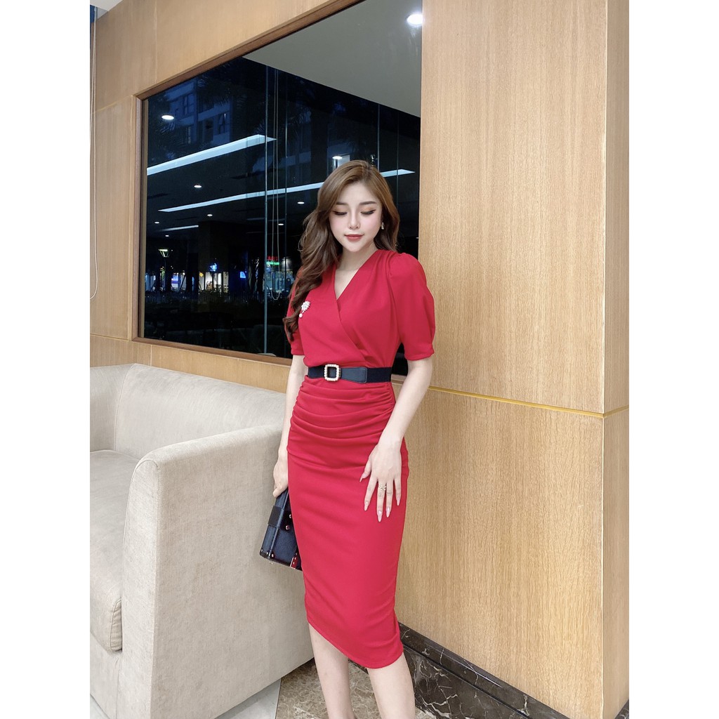 Váy đầm nữ body cổ chéo thắt lưng,dáng ôm tay lửng, cao cấp sang chảnh dự tiệc công sở màu  đỏ Nancy A39 | BigBuy360 - bigbuy360.vn