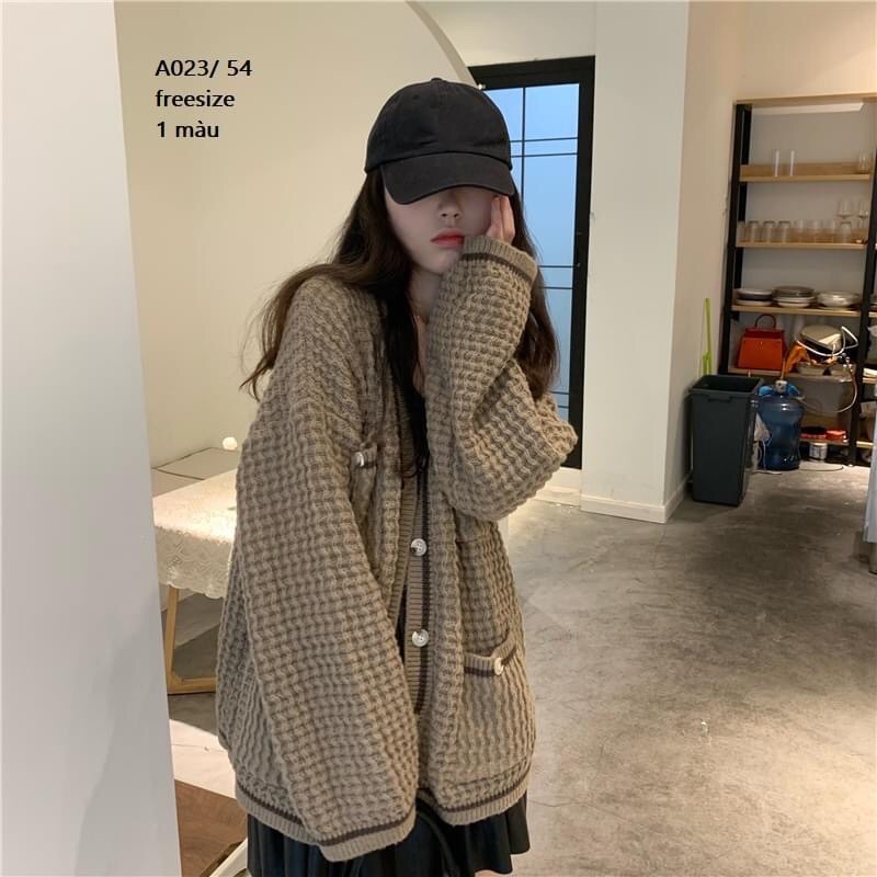 Áo khoác len Cardigan dáng rộng cadigan tổ ong phiên bản Hàn quốc cổ V cài cúc, thiết kế túi 2 bên ngực và sườn chất đẹp