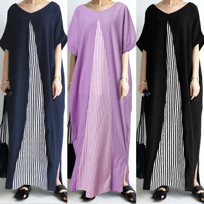 Đầm maxi Zanzea bằng cotton tay ngắn cổ tròn in họa tiết kẻ sọc thời trang Hàn Quốc sành điệu cho nữ