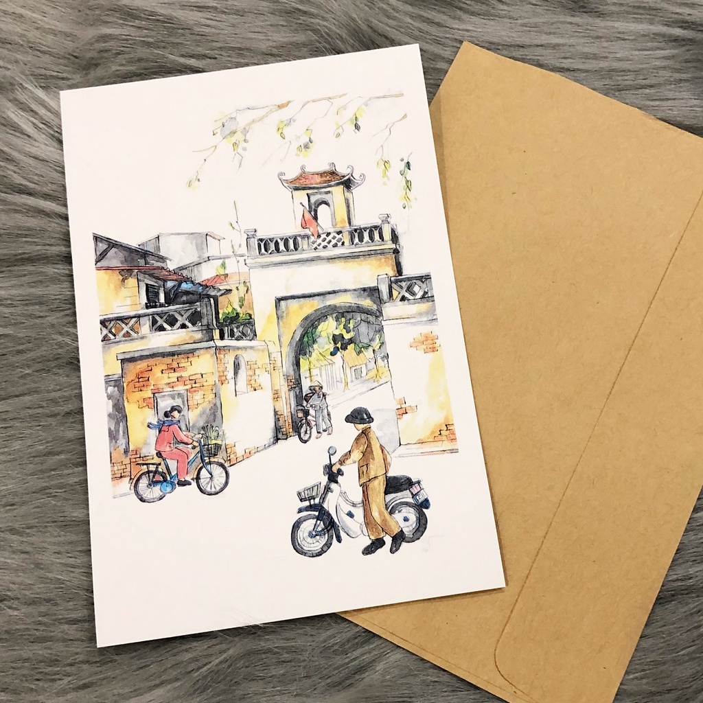Postcard, Thiệp chúc mừng, Tranh trang trí BST Hà Nội, Phố cổ Hà Nội 10CMx15CM kèm bao thư Kraft