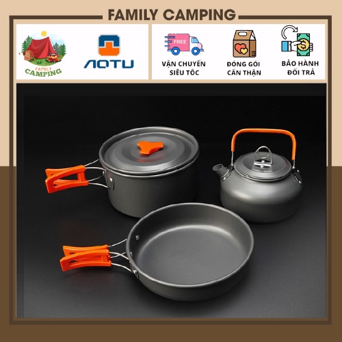 Bộ nồi nấu ăn gấp gọn, bộ ấm nồi chảo gấp gọn có túi đựng du lịch, cắm trại 03 món tiện ích chính hãng AoTu