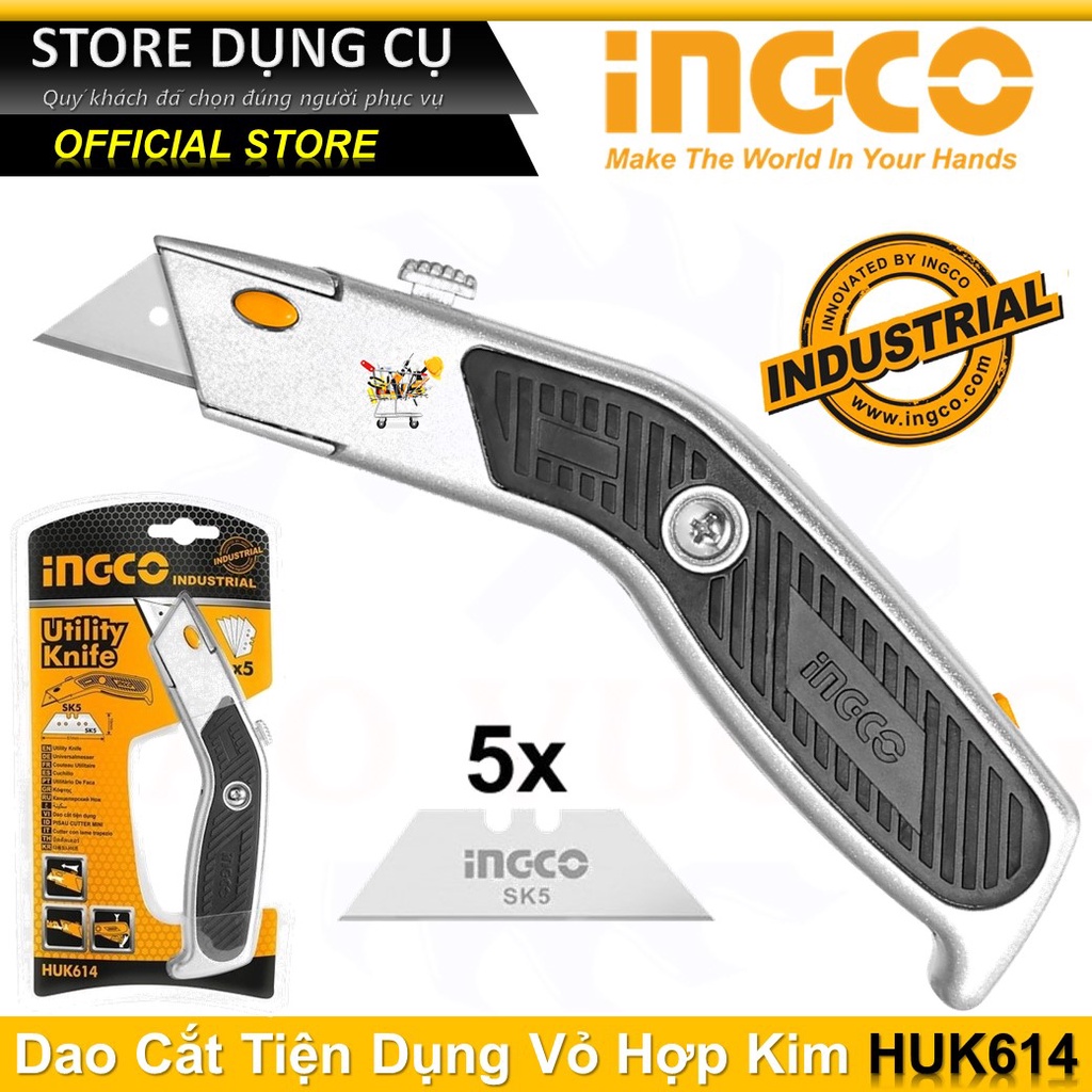 Dao rọc giấy cao cấp INGCO HUK614  | Dao cắt tiện dụng vỏ hợp kim , Kèm 6 lưỡi SK5 HUKB611