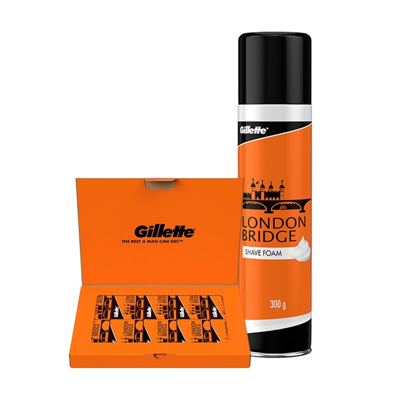 Bọt Cạo Râu GILLETTE London Bridge Chai 300g Và Lưỡi Lam GILLETTE London Bridge Hộp 100 Cái