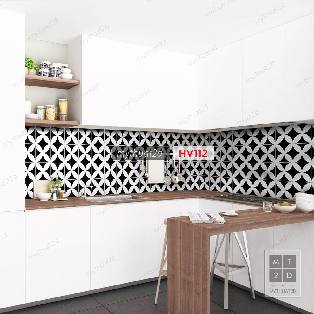 Decal gạch bông dán bếp dán tường mẫu LA4CANH màu đen trắng
