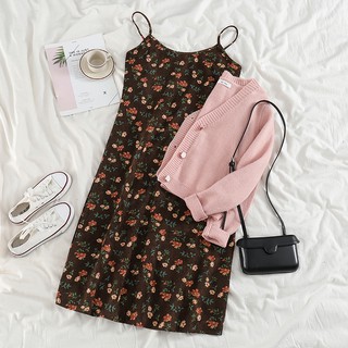 Váy nữ-loose lazy Joker short knitted cardigan women's little flower suspenders dress Foreign Air Age two-piece set