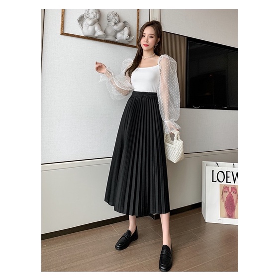 Chân váy xếp li dài dáng xoè màu nude - đen | BigBuy360 - bigbuy360.vn