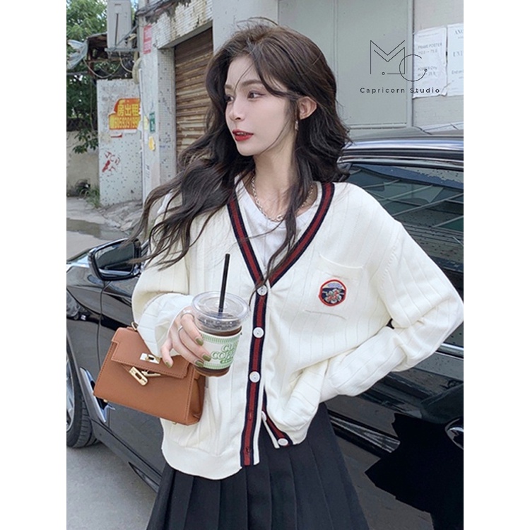 Áo khoác Cardigan mỏng viền đỏ đen nhẹ nhàng dễ thương phong cách Ulzzang