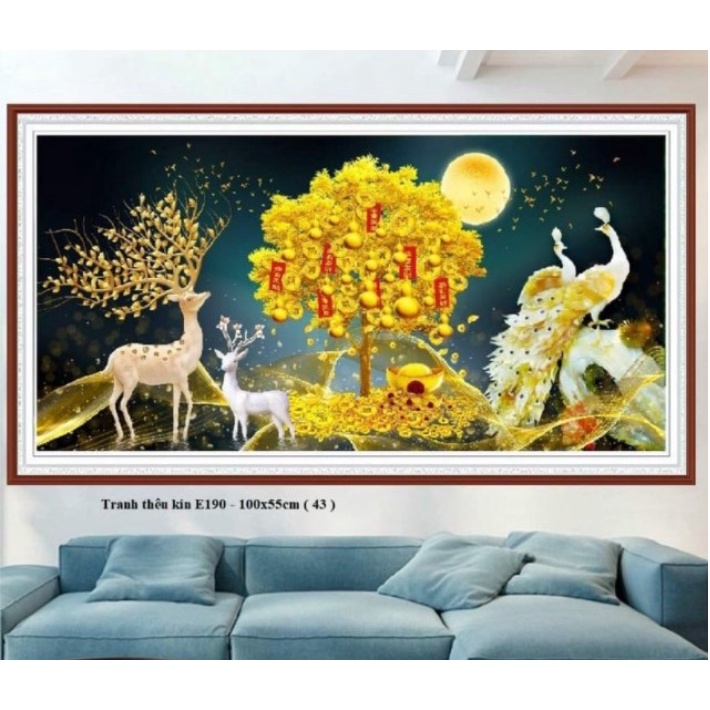 Tranh thêu chữ thập hươu nai tài lộc E190 (100x55)-chưa thành phẩm