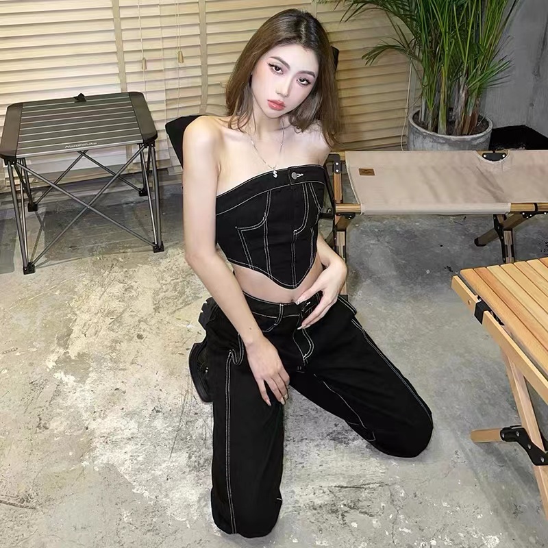 Bộ Áo Ống Màu Trơn + Quần Dài Ống Rộng Lưng Cao Thời Trang Cho Nữ