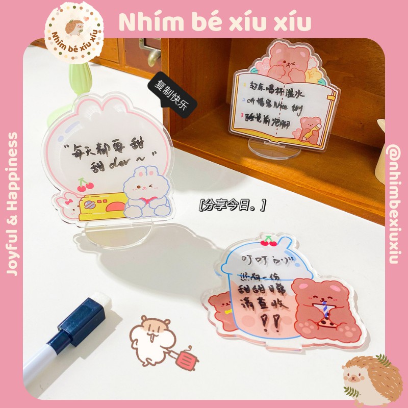 Bảng ghi chú mini gấu thỏ nhựa mica acrylic TẶNG BÚT ĐEN memo board để bàn học VT359