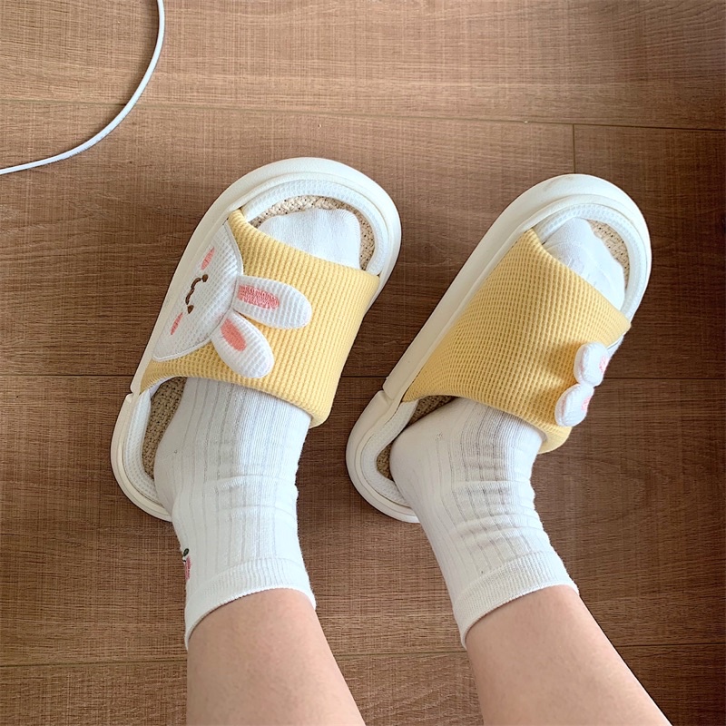 Dép đi trong nhà cotton linen hoạ tiết hoạt hình chống trượt đế dày