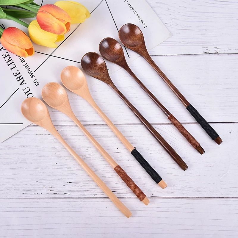 Muỗng gỗ Hàn Quốc, thìa gỗ cán dài bằng gỗ thông size nhỏ kiểu Nhật Bản màu gỗ đậm