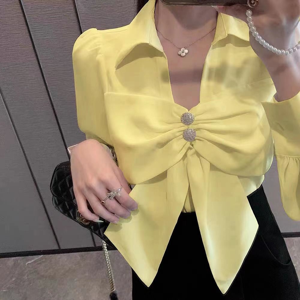 Áo Sơ Mi Tay Dài Dáng Rộng Cổ Chữ V Thắt Nơ Phong Cách Hàn Quốc Thời Trang Cho Nữ