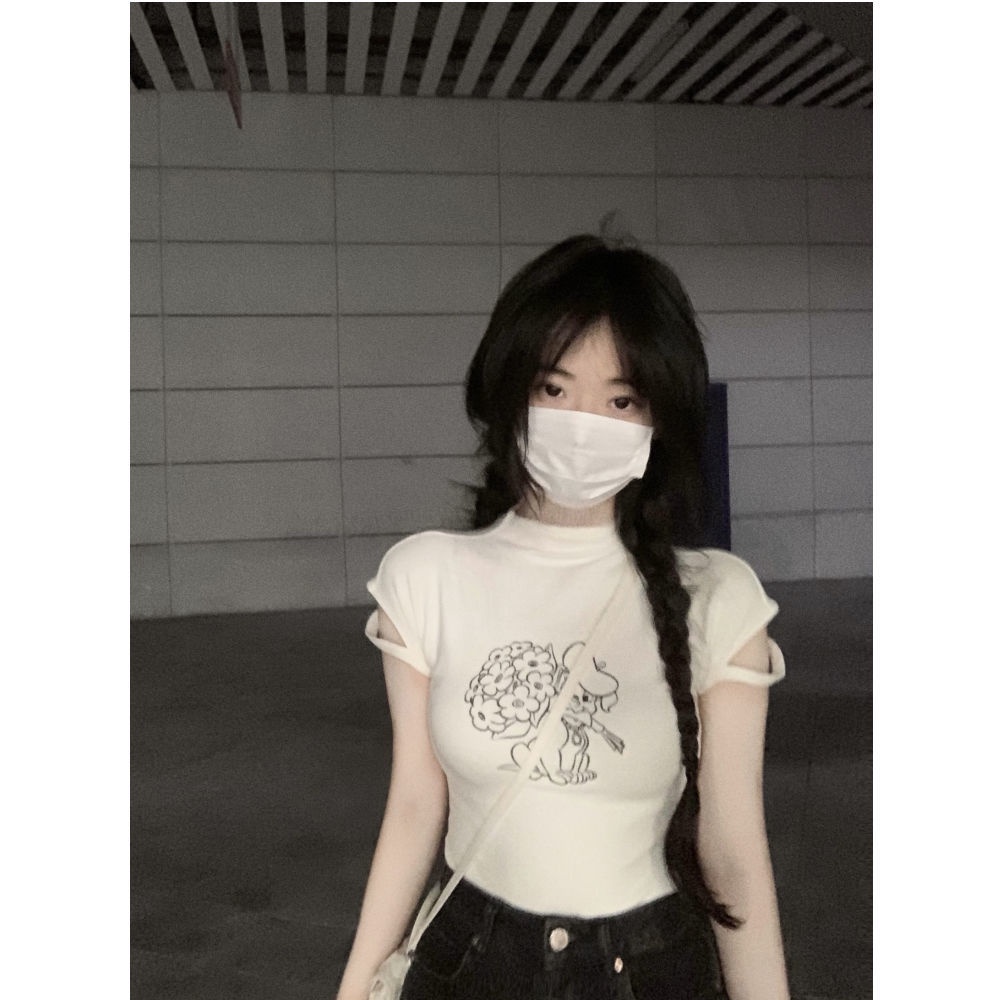 ✺■Áo Thun Tay Ngắn Dáng Ôm In Hình Chú Chó Màu Trắng Đen Phong Cách Hàn Quốc Thời Trang Mùa Hè Cho Nữ