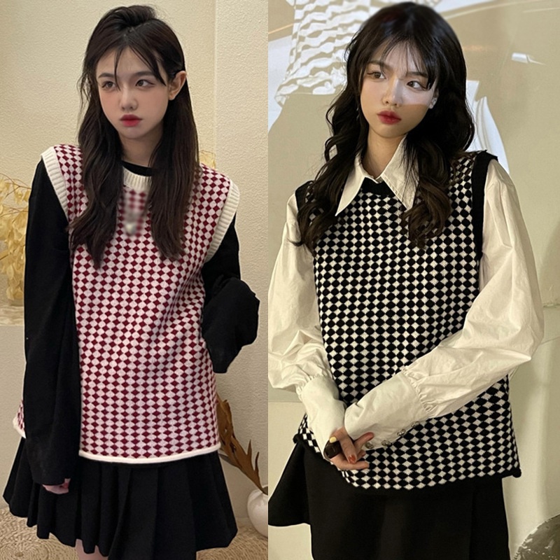 Áo Sweater Dệt Kim Sát Nách Cổ Tròn Dáng Rộng Phong Cách Preppy Dành Cho Nữ