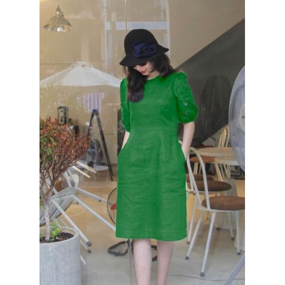 Váy xanh lá tay lửng chất liệu Linen thời trang Mái Em_V9115