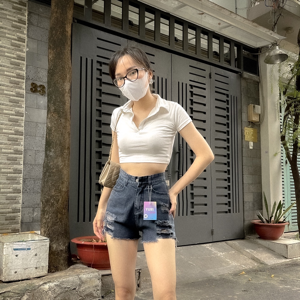 [Siêu Rẻ] Quần Sọt Jeans Nữ Tường Vy Lưng Cao Rách Màu Đen