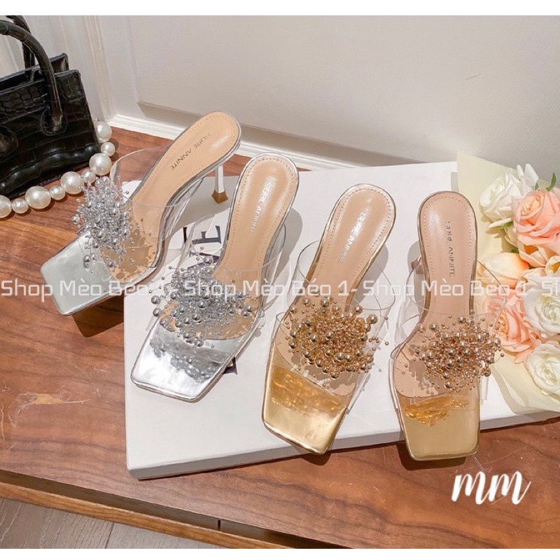 Guốc mica quai ngang chùm hạt gót nhọn fullbox hàng quảng châu cao cấp