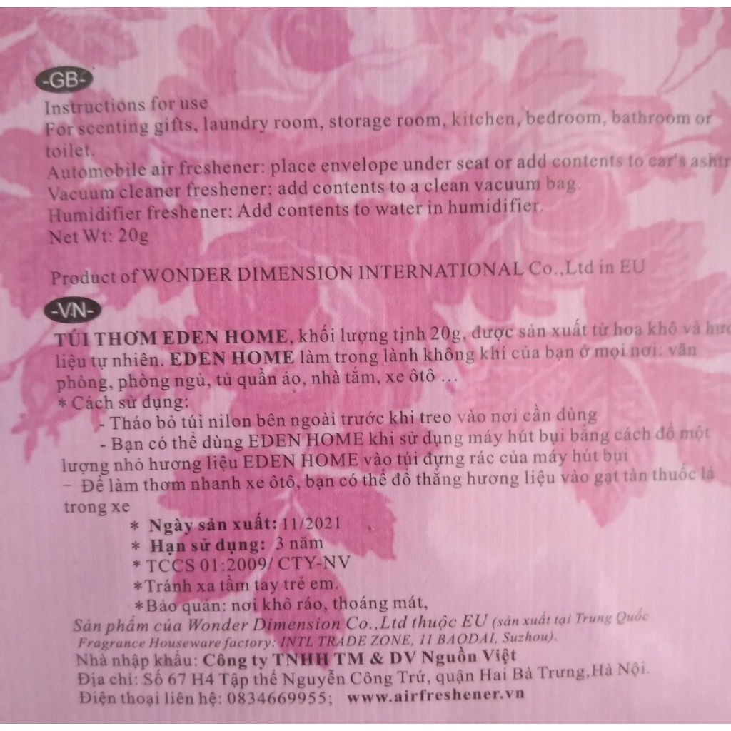 Túi thơm Eden Home hương Hoa Hồng (mùi hương này siêu thơm, xin mời quý khách tham khảo)