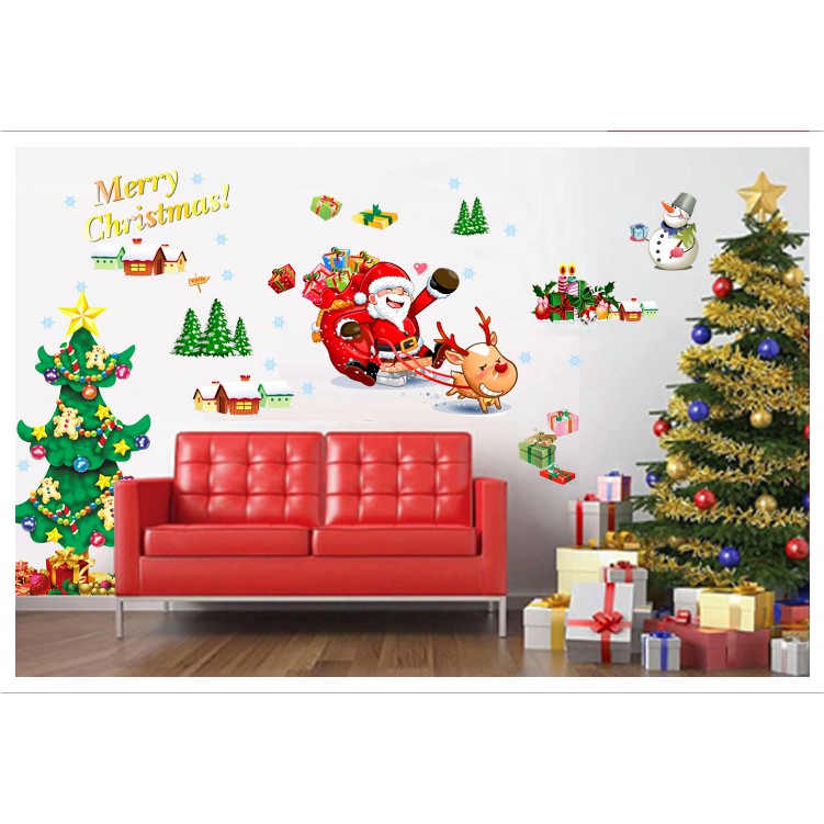 Decal trang trí Noel - Ông già Noel ngồi xe Tuần lộc phát quà