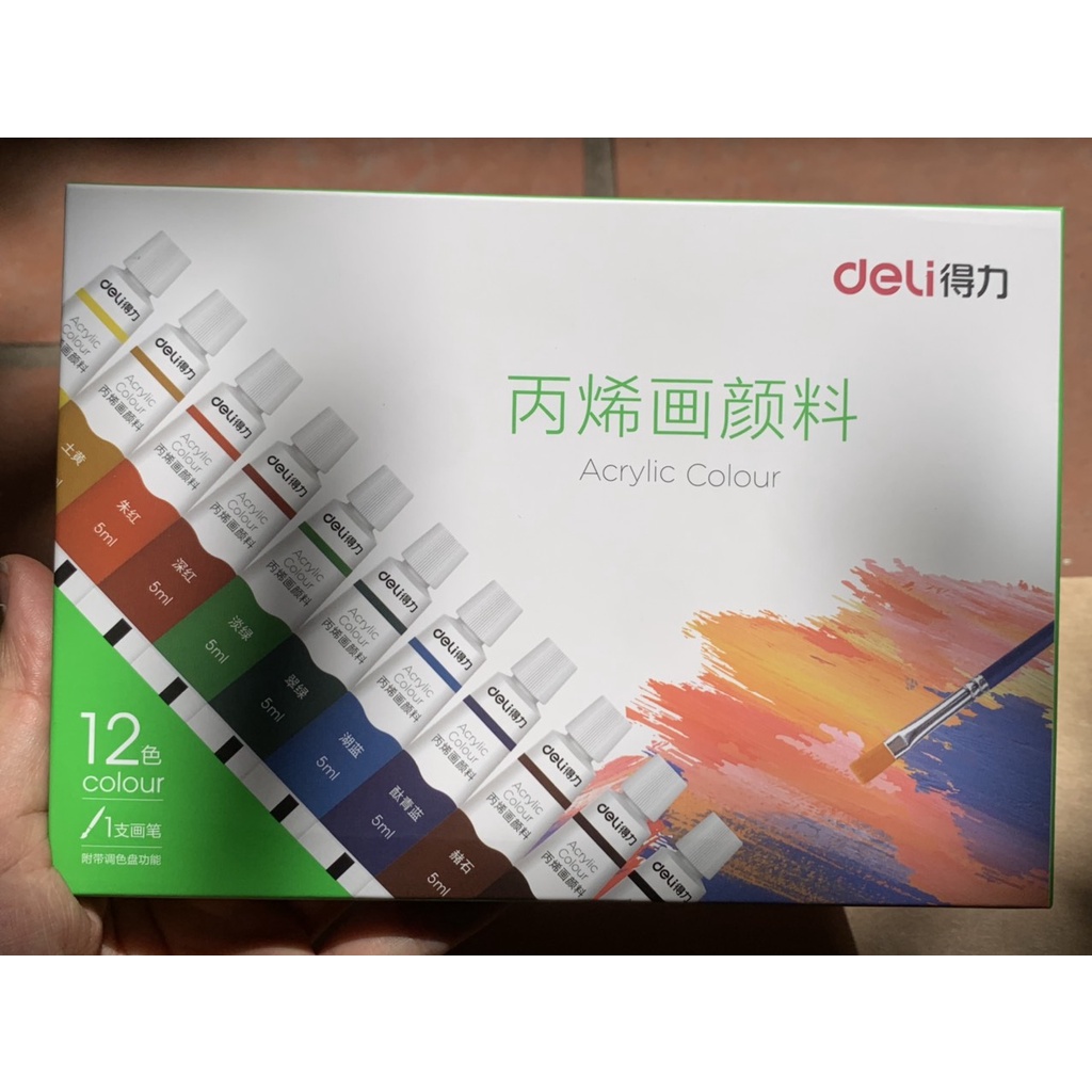 Màu nước acrylic dạng tuýp 5ml chuyên nghiệp Deli dùng để vẽ vải giày tường 12/18/24 màu - 73913 73914 73915