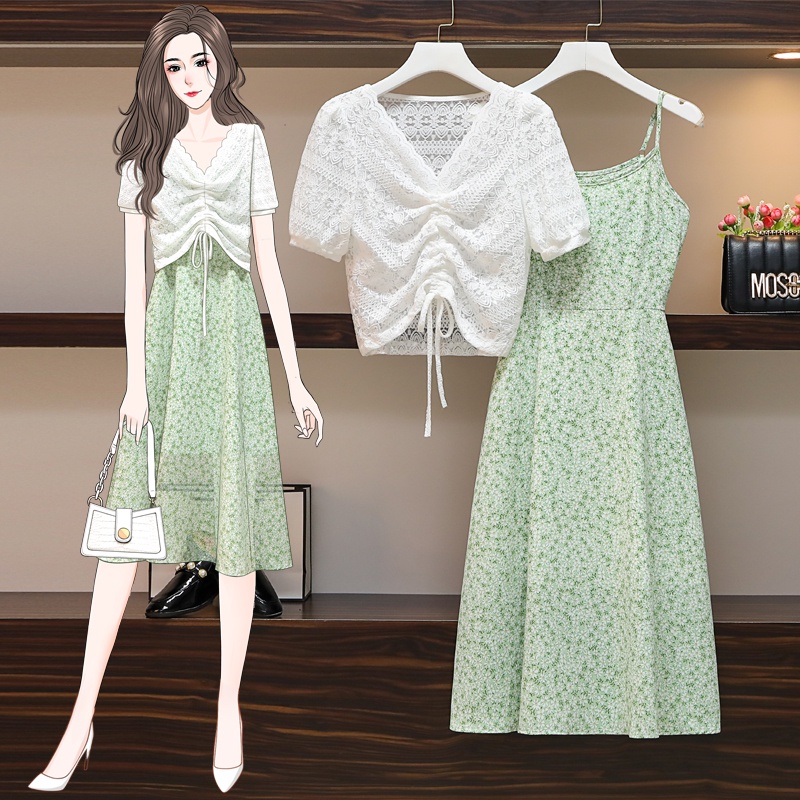 🌸Hàng Order(Sẵn L)🌸 Váy Đầm Bigsize Sét Váy Dây Hoa Nhí Kết Hợp Áo Ren Rút Dây Cổ Điển Nữ Tính🌸Hàng Quảng Châu