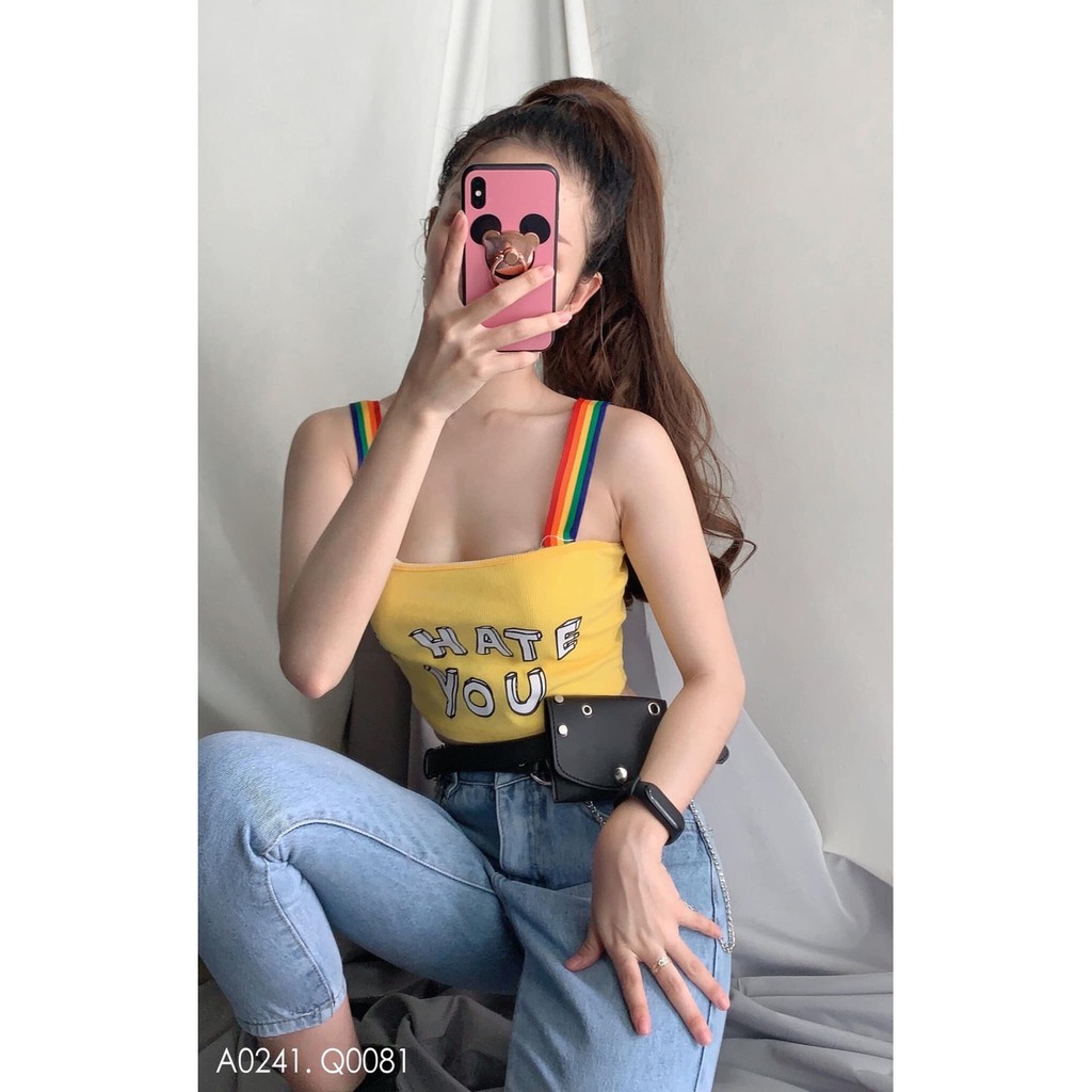 Áo Hai Dây Thun Lụa Form Croptop In Chữ I HATE YOU Kết Hợp Dây Áo Màu Cầu Vồng Hottrend Của Năm TTS0679