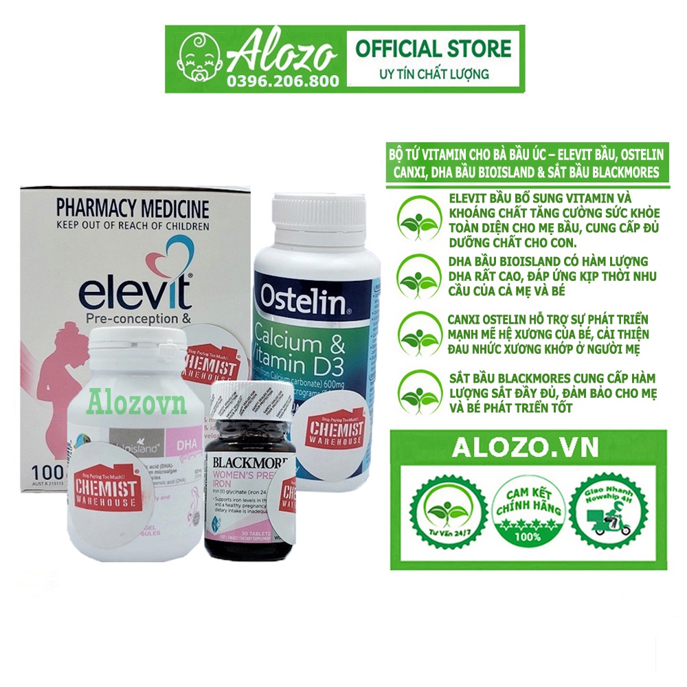 Combo bầu úc - bộ tứ vitamin úc dành cho bà bầu –Elevit bầu, Ostelin Canxi, Dha bầu Bioisland & Sắt 