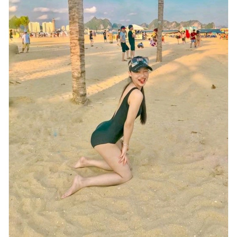 Bikini đồ bơi nữ đi biển liền thân khoét lưng màu đen VATIXA BKN79