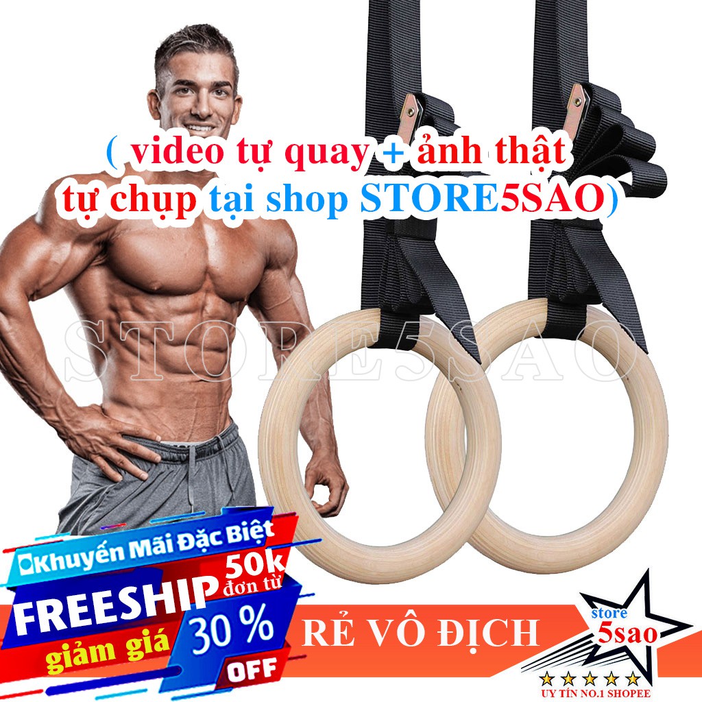 Vòng xà Gymnastic Rings 2022 bằng gỗ ⚡FREESHIP⚡ Vòng xà treo Ring Dip gỗ Bạch Dương tập street workout gym đa năng