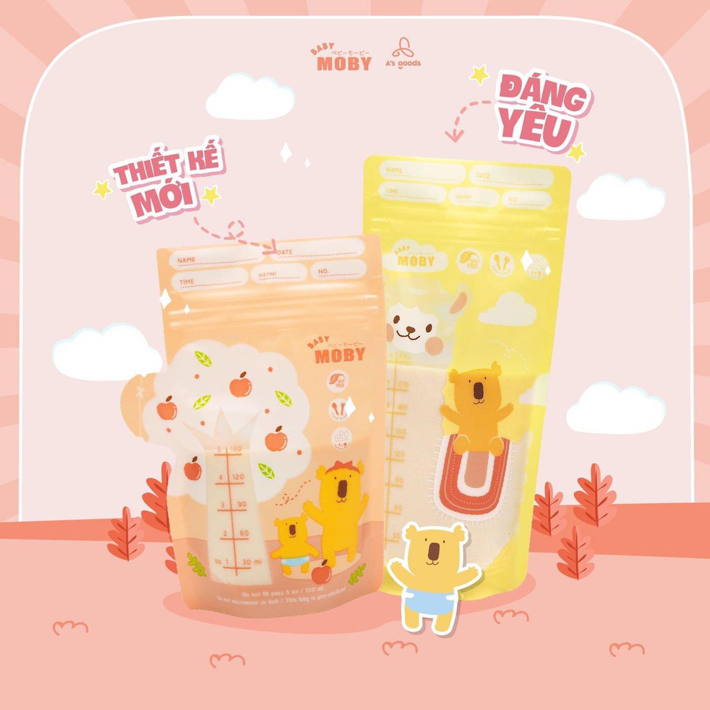 Túi trữ sữa cho bé MOBY BABY 150ml 240ml, túi đựng sữa 3 đường zip có vòi - Monnie Kids