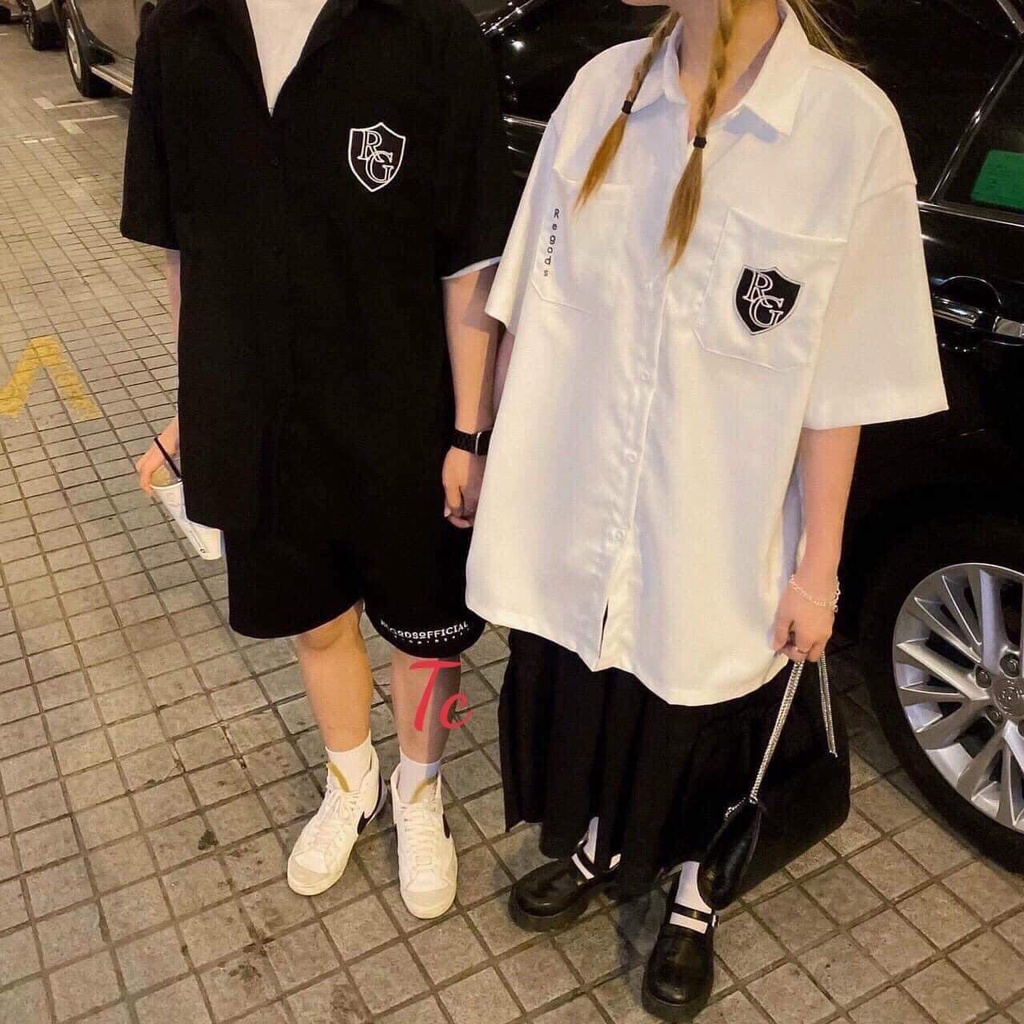 Áo Sơ Mi Logo RG Dáng Rộng ❤ Áo Tay Lỡ Hàn Quốc Chất Cotton Nam Nữ