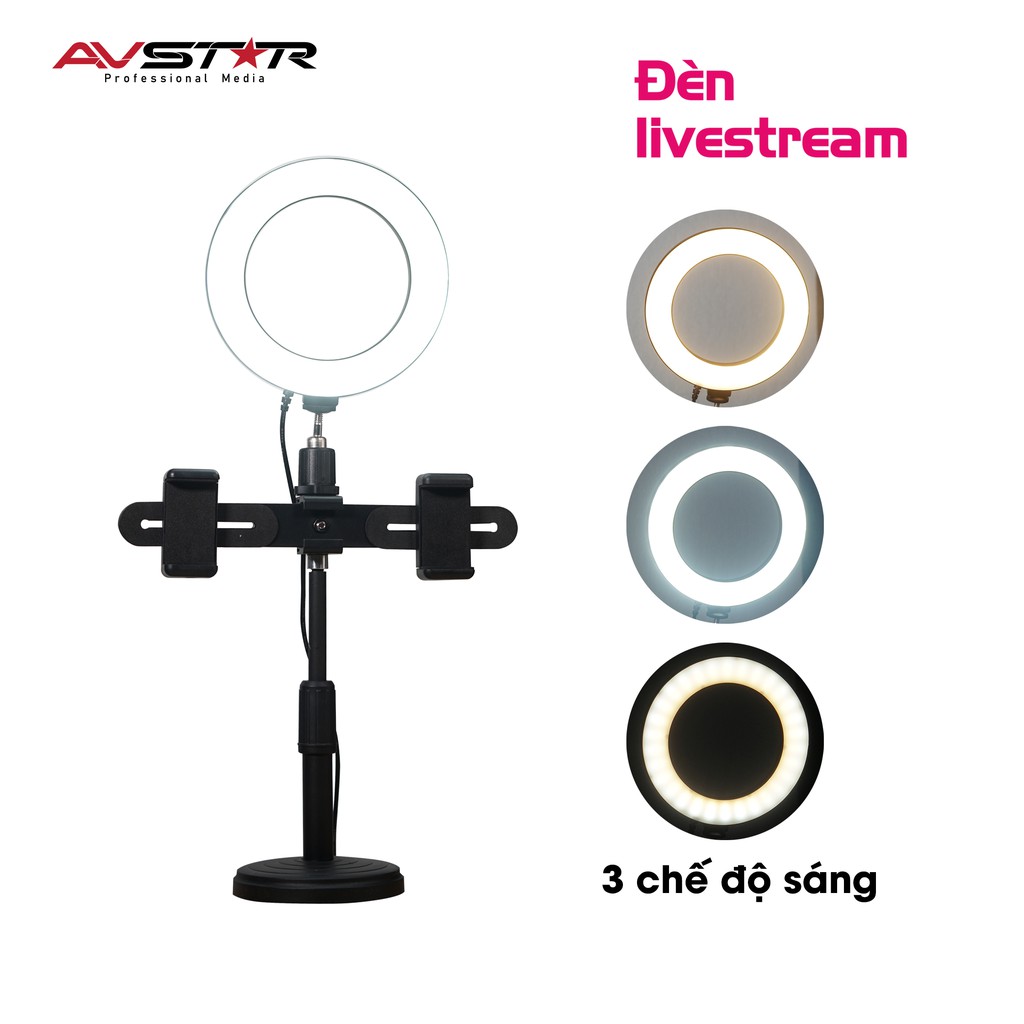 [Hàng Loại1] Đèn livestream AVSTAR đặt bàn, đèn 3 chế độ sáng, Tặng kèm chân đỡ và kẹp điện thoại, Bảo hành 6 tháng